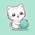 Sticker with die-cut in the form of a kitty playing with a ball of string, kawaii color background Royalty Free Stock Photo