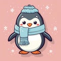 Sticker with die-cut in the form of a penguin in a scarf and mittens, kawaii color background, pastel colors