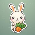 Sticker with die-cut in the form of a rabbit with carrots, kawaii color background, pastel colors