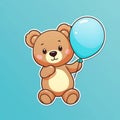 Sticker with die-cut in the form of a teddy bear with a balloon in his paw, kawaii color background