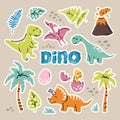 Sticker dinosaur cartoon set. Reptile flat collection, predators and herbivores dino, egg, volcano, palms, plants Royalty Free Stock Photo