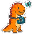 Sticker dinosaur Tyrannosaurus with a camera