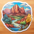 Colorful Woodcarving Sticker Of Desert Pond And Mountains