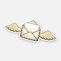 Sticker flying opened vintage envelope with wings