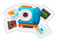 Sticker in form of modern camera, variety of travel photos.