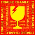 Sticker fragile handle with care, red fragile warning label, square fragile label with broken glass symbol