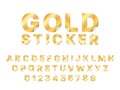 Sticker gold font. Paper golden alphabet curl corners, peel off elements, metal folding foil trendy latin letters and numbers,