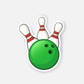Sticker green bowling ball knocks down pins Royalty Free Stock Photo