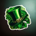 Sticker green, hat, cylinder and green leaves. Green color symbol of St. Patrick\' Royalty Free Stock Photo