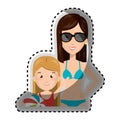Sticker half body cartoon blond girl with woman in bikini