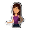 Sticker half body cartoon brunette woman in casual suit