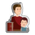 Sticker half body cartoon man with travel briefcase and boy
