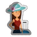 Sticker half body cartoon woman with travel briefcase and hat lace