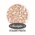 Sticker with hand drawn pasta conchiglie isolated on white. Template for food package design