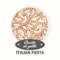 Sticker with hand drawn pasta creste di gallo isolated on white. Template for food package design