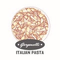 Sticker with hand drawn pasta garganelli isolated on white. Template for food package design