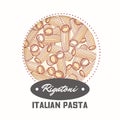 Sticker with hand drawn pasta rigatoni isolated on white. Template for food package design