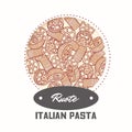 Sticker with hand drawn pasta rotelle or ruote isolated on white. Template for food package design