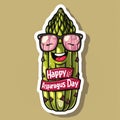 Sticker with happy asparagus in sunglasses. Template poster for asparagus day, cartoon style.