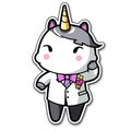 Sticker, happy colourful unicorn wearing tuxedo, kawaii, contour, vector, white background