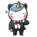 Sticker, happy colourful unicorn wearing tuxedo, kawaii, contour, vector, white background