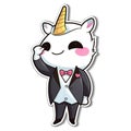 Sticker, happy colourful unicorn wearing tuxedo, kawaii, contour, vector, white background