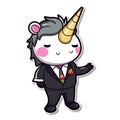 Sticker, happy colourful unicorn wearing tuxedo, kawaii, contour, vector, white background