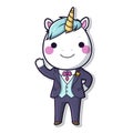 Sticker, happy colourful unicorn wearing tuxedo, kawaii, contour, vector, white background