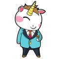 Sticker, happy colourful unicorn wearing tuxedo, kawaii, contour, vector, white background