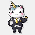 Sticker, happy colourful unicorn wearing tuxedo, kawaii, contour, vector, white background