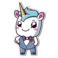 Sticker, happy colourful unicorn wearing tuxedo, kawaii, contour, vector, white background