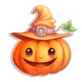 Sticker happy smiling jack-o-lantern pumpkin with witch hat, Halloween image on a white isolated background Royalty Free Stock Photo