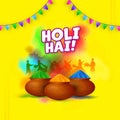 Sticker Hindi Language Text Holi Hai It`s Holi With Clay Pots Full Of Color Powder Gulal, Silhouette People Playing Colors
