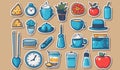 The sticker icons for daily necessities are cute cartoon line drawings