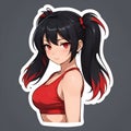 Itâs a sticker of an illustrated character with an obscured face, wearing a red top and black hair tied with red ribbons.