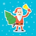 Sticker illustration of a flat art cartoon Santa Claus with a bell and Christmas tree Royalty Free Stock Photo