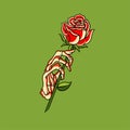 Sticker illustration of a skull hand holding a rose