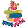 Sticker with the inscription school bookworm. A stack of books, a red apple with a green worm. School illustration in Royalty Free Stock Photo
