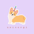 Sticker of kawaii welsh corgi unicorn with colourful rainbow horn