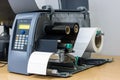 Sticker label printer. Barcode digital printer and applicator machine