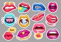 Sticker lips. Provocative girl mouths cartoon sensual stickers. Girls fashion patches. Provocation woman mouth illustration vector