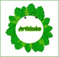 Sticker or logo for artichoke tea, fresh vegetables and other wholesome food. Cute characters