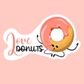 Sticker love donuts. donut with pink icing sticker. Bakery logo. Vector illustration of bakery and confectionery