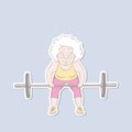 Sticker old woman lifting weights, doing sit ups with barbell. Female weightlifter vector illustration cartoon character Royalty Free Stock Photo