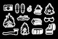 Sticker pack. Collection of camping stickers. Monochrome vector hand drawn illustrations. Campfire bundle. Boots