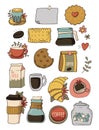 Sticker pack with elements of coffee and cookies, croissant, milk, cups, cocoa, coffee packaging, flowers and leaves on