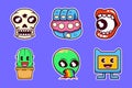 Sticker pack of funny cartoon character. Vector illustration of cactus, alien, skull etc. Isolated on premium vector Royalty Free Stock Photo