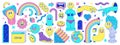 Sticker pack of funny cartoon characters, greek ancient statues, emoji and surreal elements in psychedelic weird style.