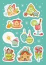 Sticker pack with kawaii christmas elements, set of cute vector illustration Royalty Free Stock Photo