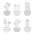 Sticker pack with linear cactuses. Linear vector illustration with exotic cactus. Succulent outline set